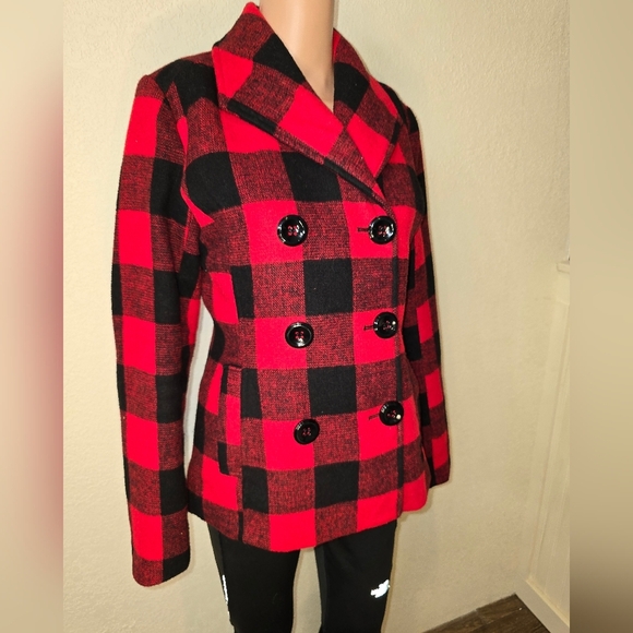 Rampage Carrie Classic Small Double Breast Red & Black Plaid Peacoat Jacket - Picture 2 of 9